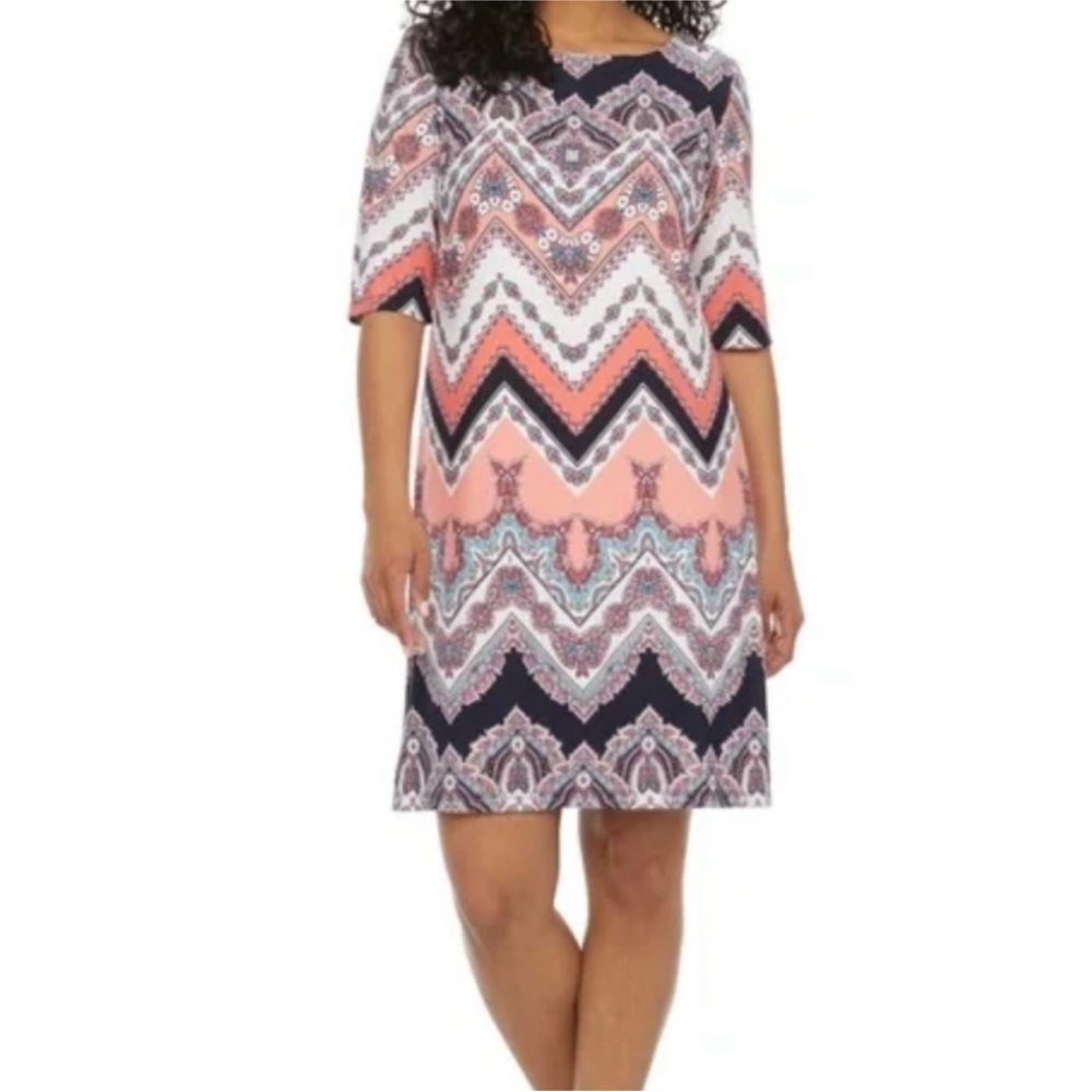 Studio One Chevron Puff Print Sheath Dress - Pink Blue 3/4 Sleeve XL EUC